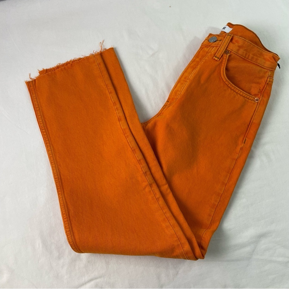 Re/Done Women's Orange Solid Cotton High Rise Raw Hem Straight Leg Jeans Size 25 - Picture 7 of 9